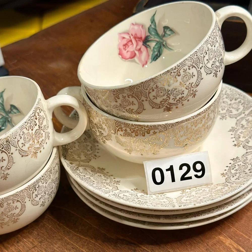 4 Liberty Gold Cup and Saucer Sets by Iva Lure Delmar Rose Crooksville USA